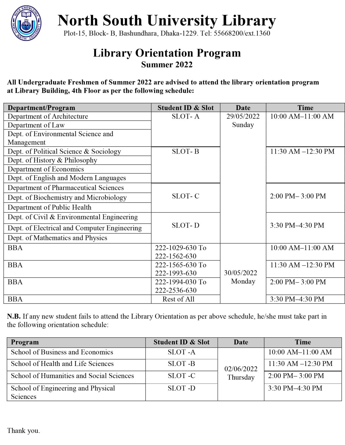 Library Program Schedule Library Orientation Schedule: Summer-2022 - NSU Library