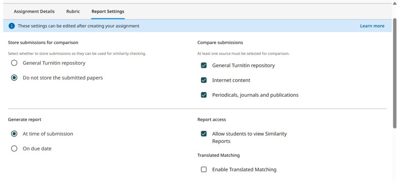 Turnitin - Assignment Settings 2