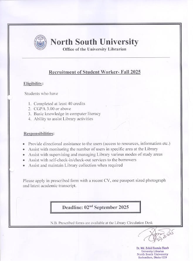 NSU Library Student Worker Recruitment Notice